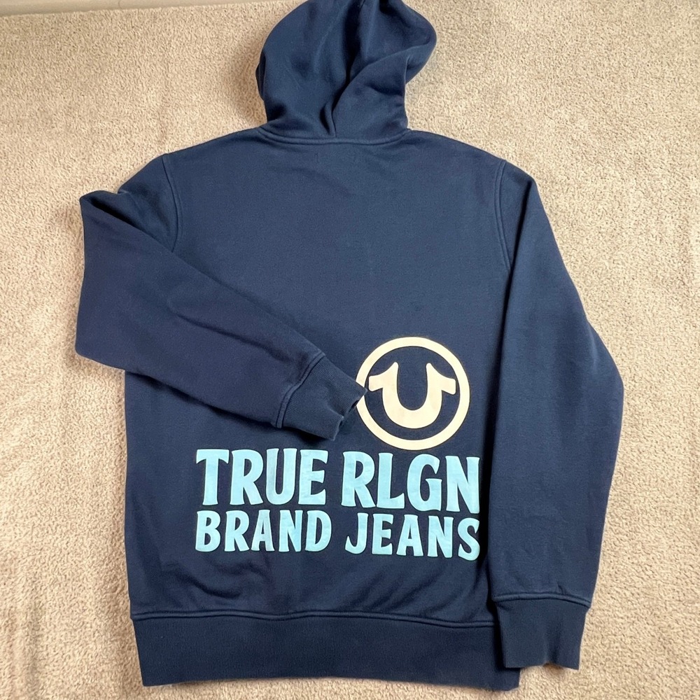 True Religion Hoodie Mens Medium Blue Horseshoe Logo Pullover Sweatshirt